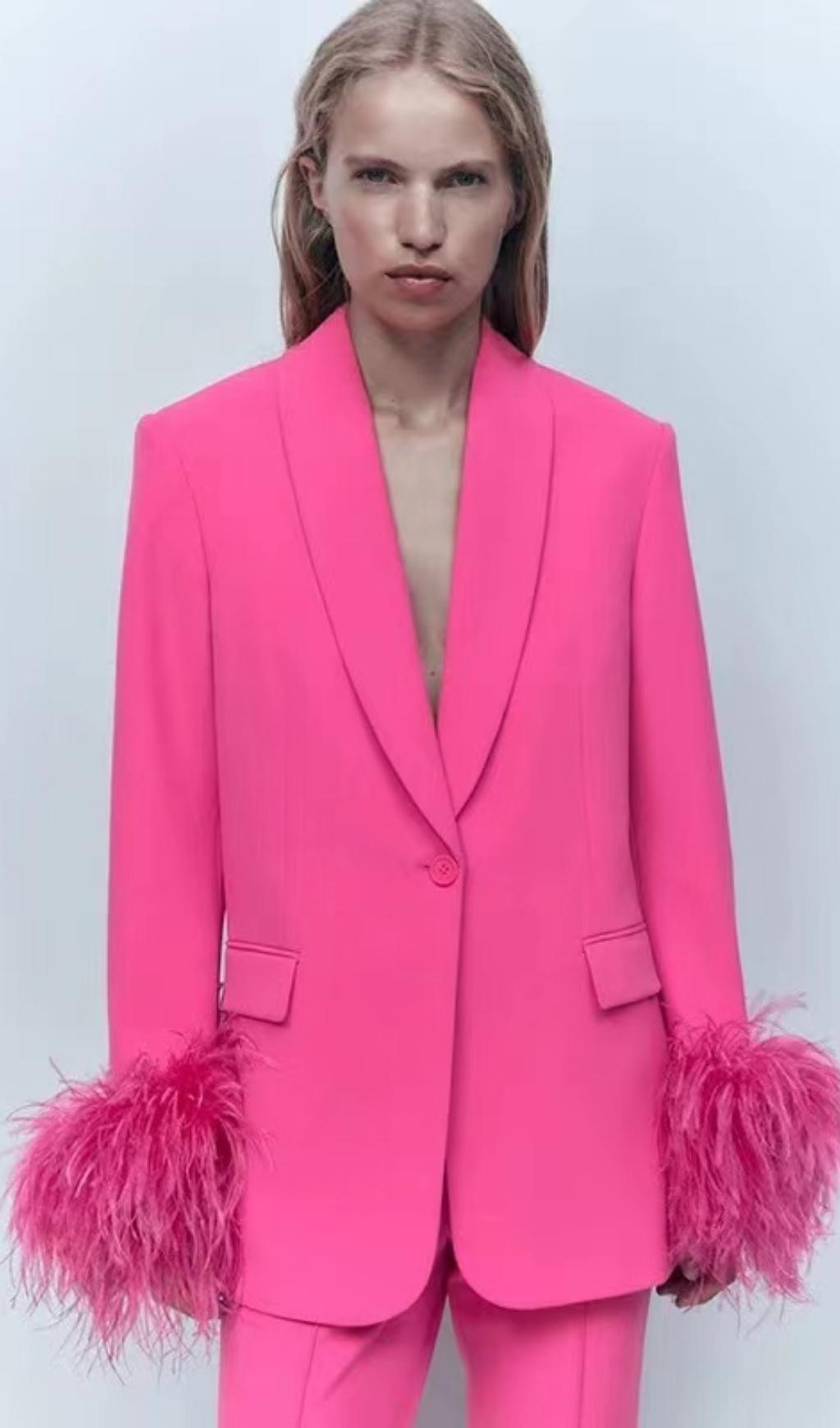 FEATHER JACKET SUIT IN HOT PINK