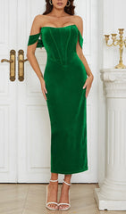 OFF SHOULDER CORSET MIDI DRESS IN GREEN