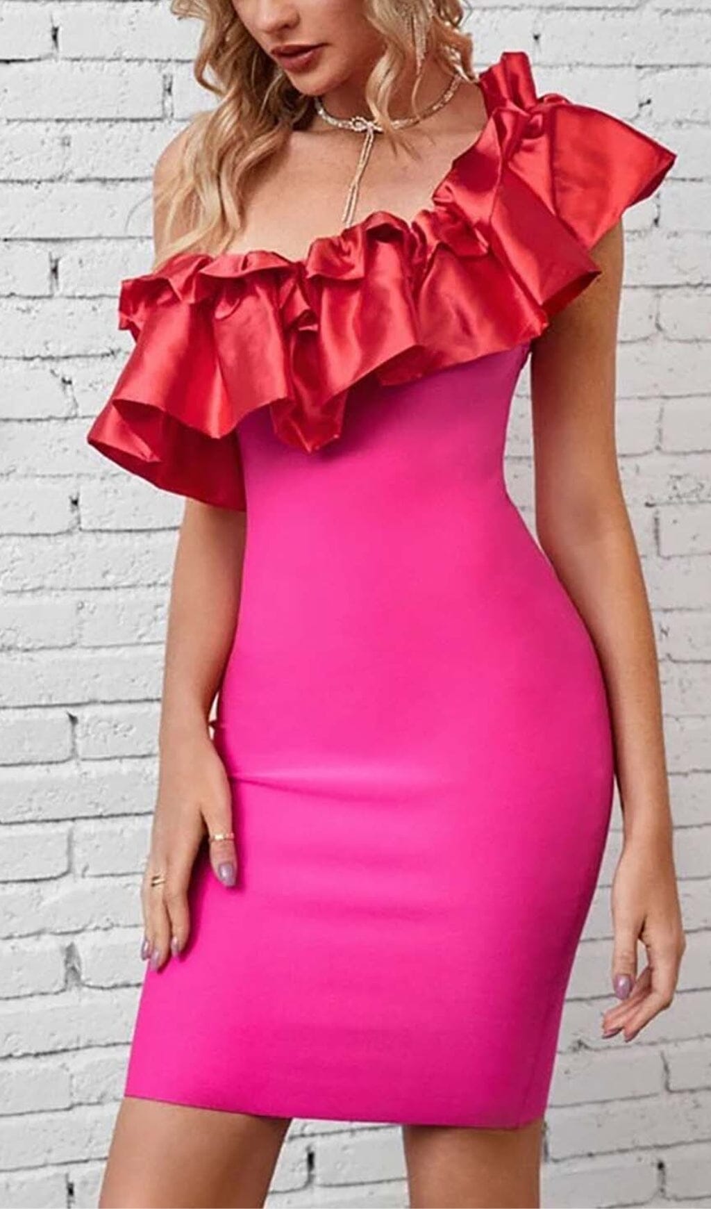 RUFFLE ONE SHOULDER MINI BODYCON DRESS IN RED