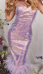 FEATHER SEQUIN MIDI DRESS IN PURPLE