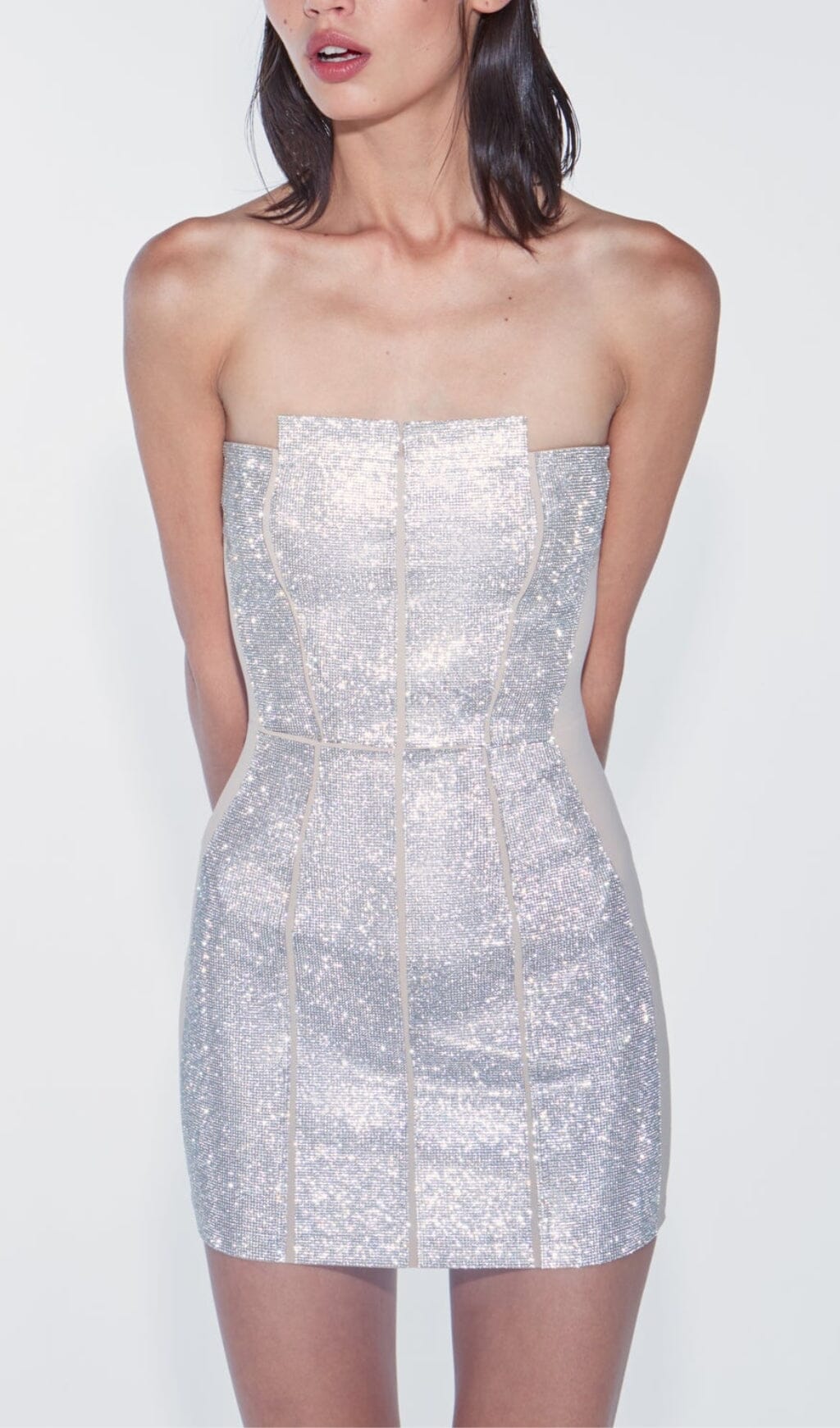 SILVER BANDEAU RHINESTONE TRIMMING DRESS