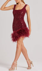 RED FEATHER SEQUIN DRESS