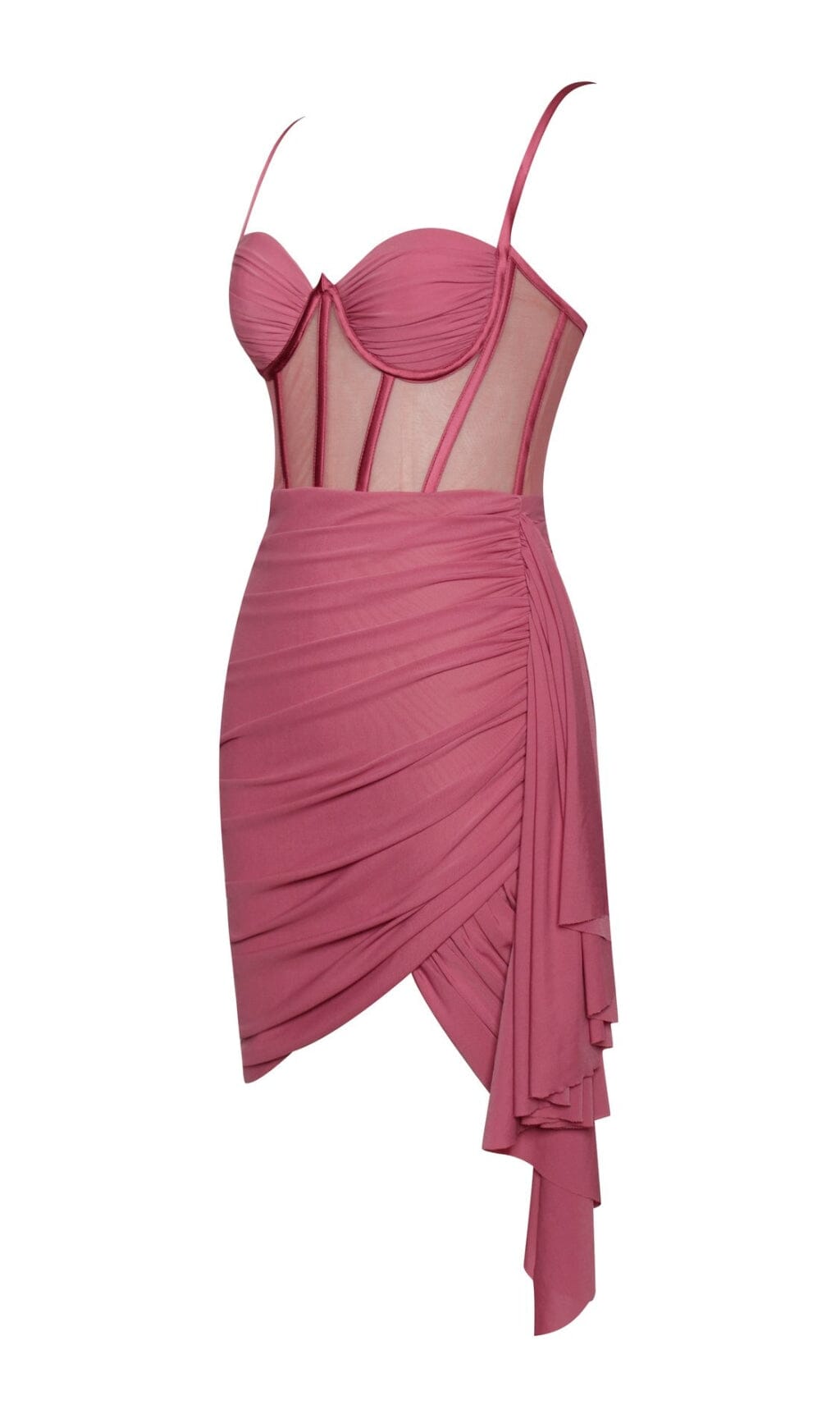 YOLIE SALMON PINK RUCHED DRAPING MESH CORSET DRESS