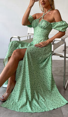 GREEN VINTAGE FLORAL PUFF SLEEVE MIDI DRESS