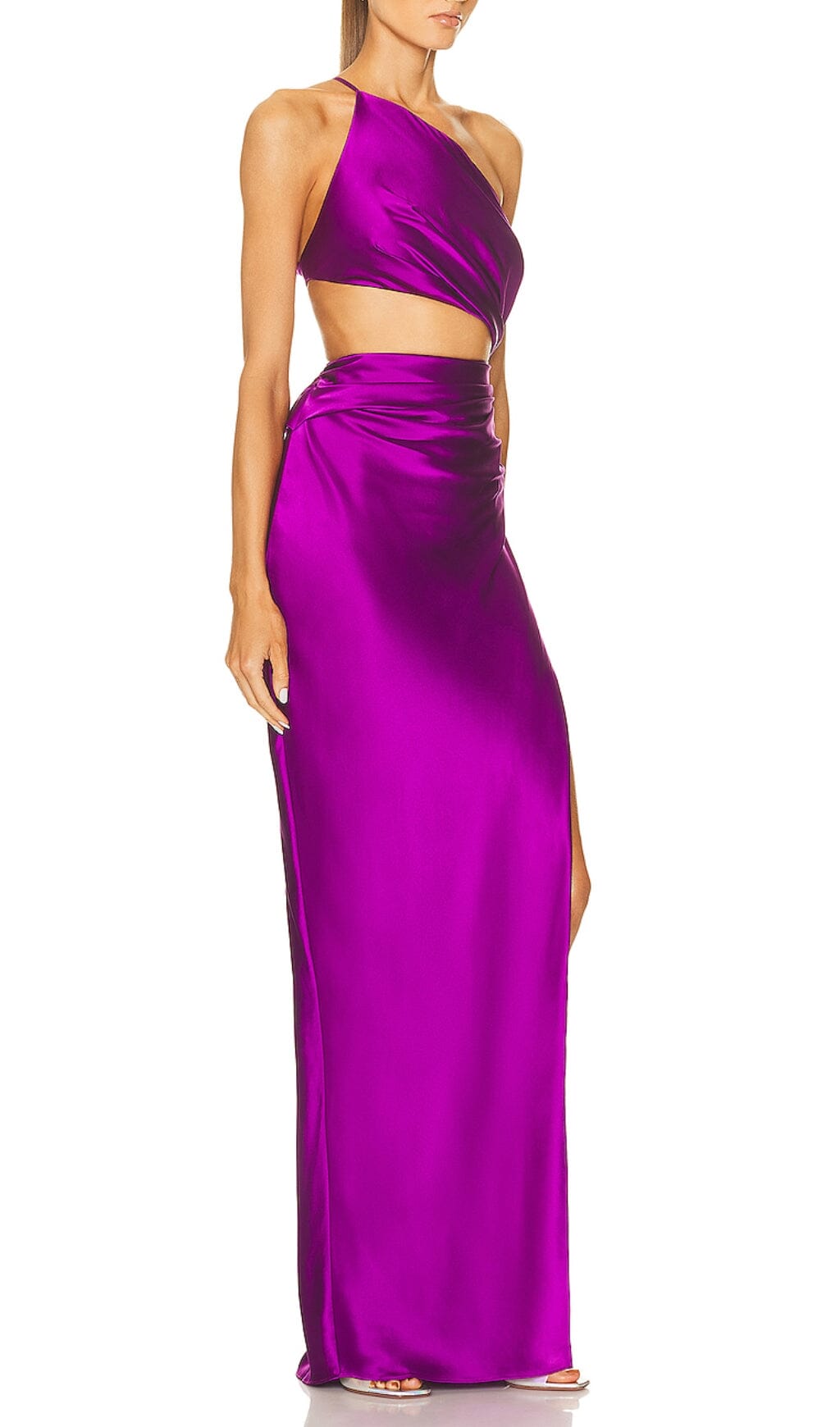 ONE-SHOULDER SILK SATIN MIDI DRESS IN PURPLE