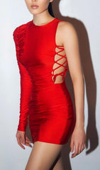 ONE SHOULDER RUCHED MINI DRESS IN RED