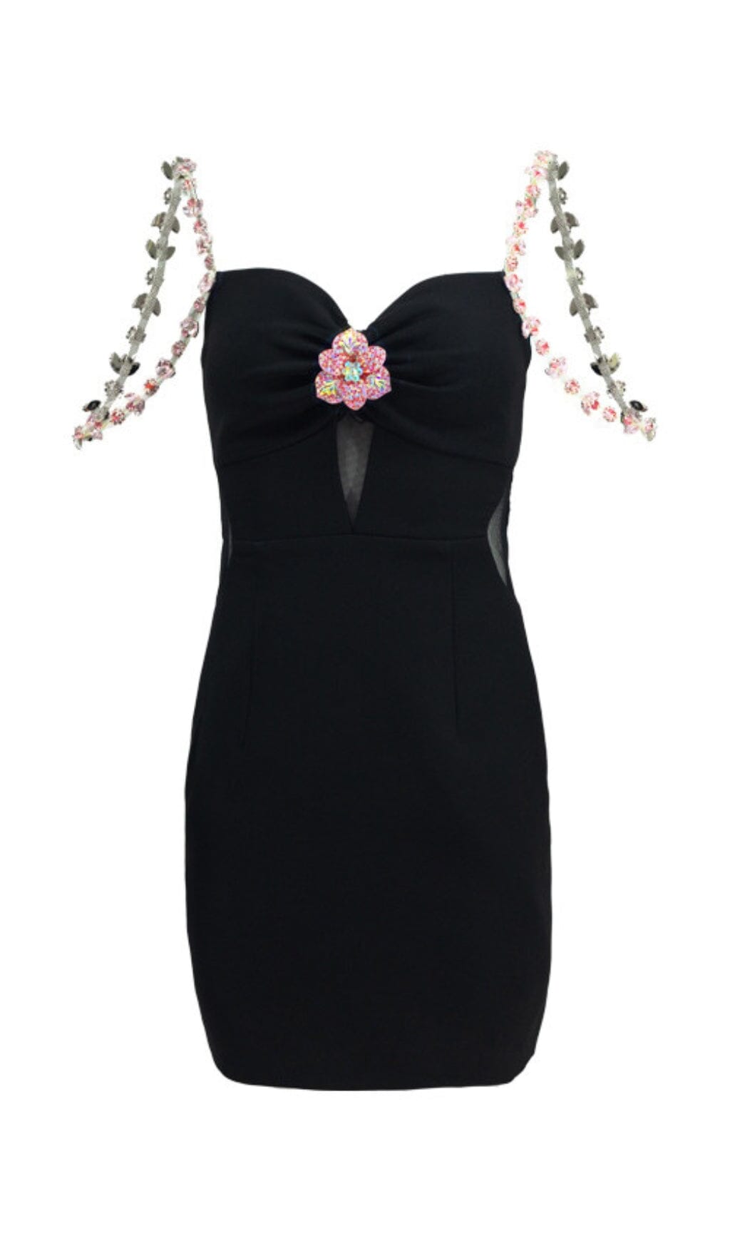 DIAMOND FLOWER SLEEVELESS SUSPENDER MINI DRESS IN BLACK