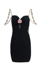 DIAMOND FLOWER SLEEVELESS SUSPENDER MINI DRESS IN BLACK