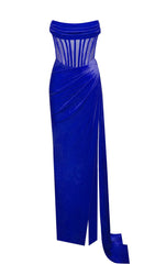 PRIYA ROYAL BLUE DRAPING CORSET HIGH SLIT VELVET GOWN