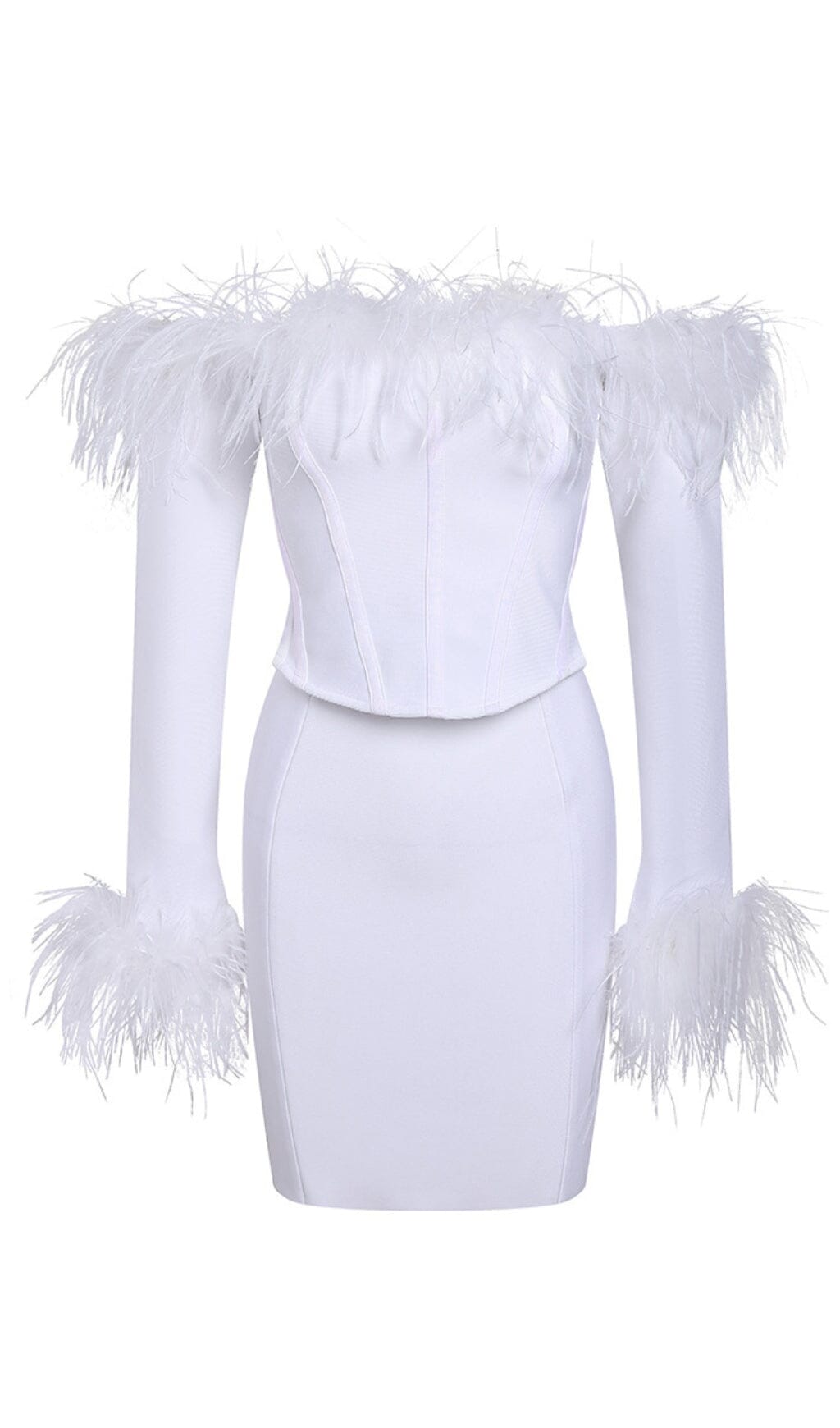 FEATHER CORSET MINI DRESS IN WHITE