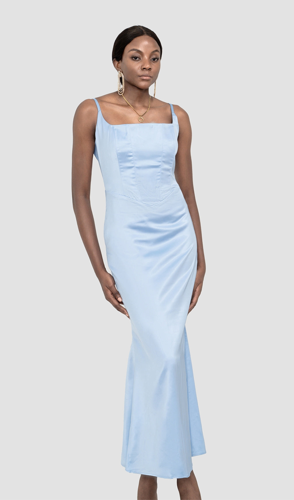 SATIN CORSET MAXI DRESS IN BLUE