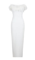 FEATHER BODYCON MAXI DRESS IN WHITE