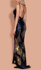 V-NECK SEQUINED BACKLESS DRESS IN DARK BLUE