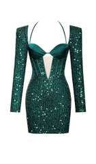 MELINA EMERALD GREEN LONG SLEEVE SEQUIN DRESS