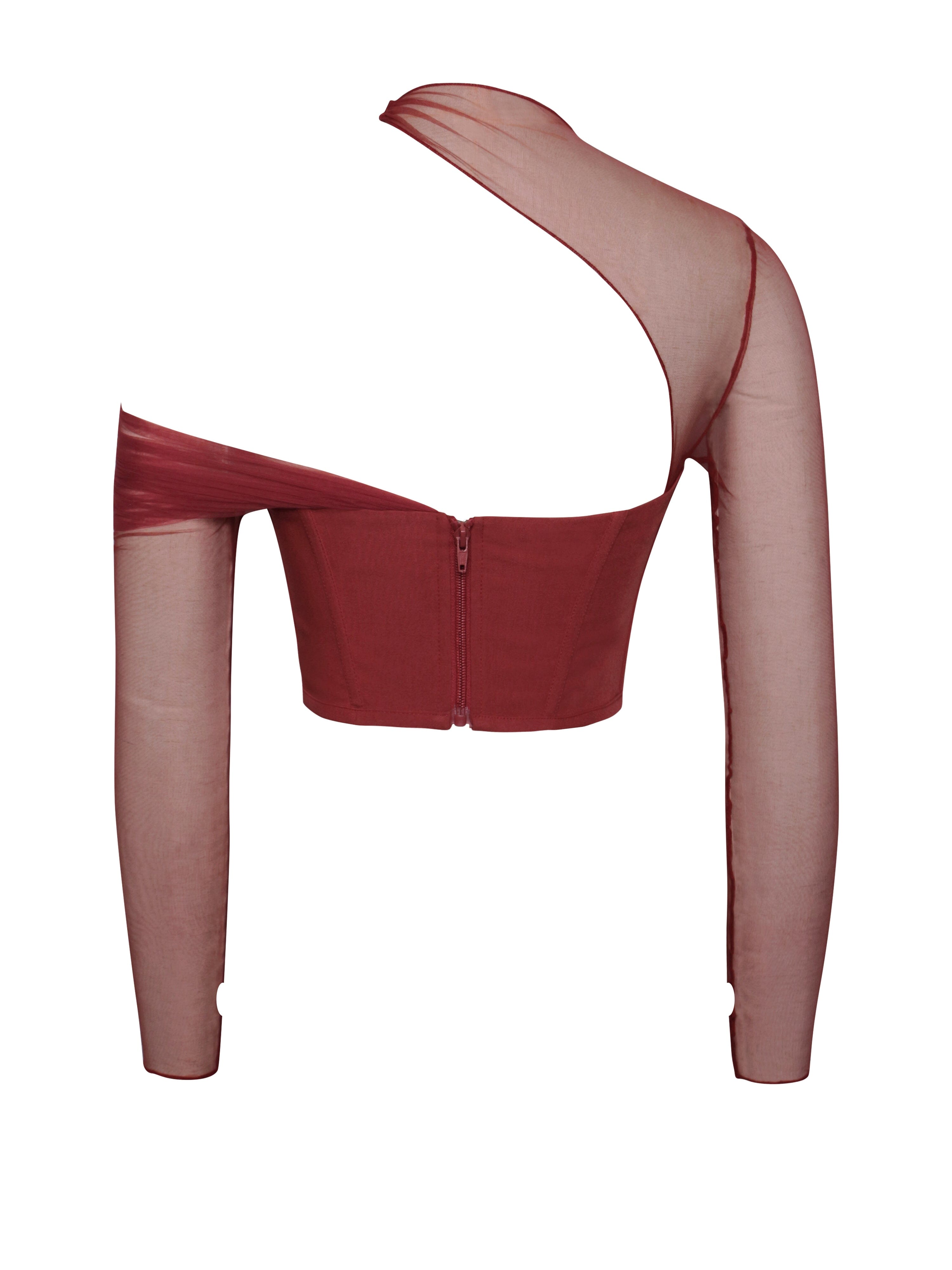 MIAH BURGUNDY STRETCH MESH SLEEVE CORSET TOP