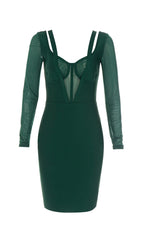 PERSPECTIVE GAUZE FISH BONE DRESS IN DARK GREEN