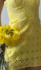 BOHEMIAN STRAPPY MINI DRESS IN LEMON