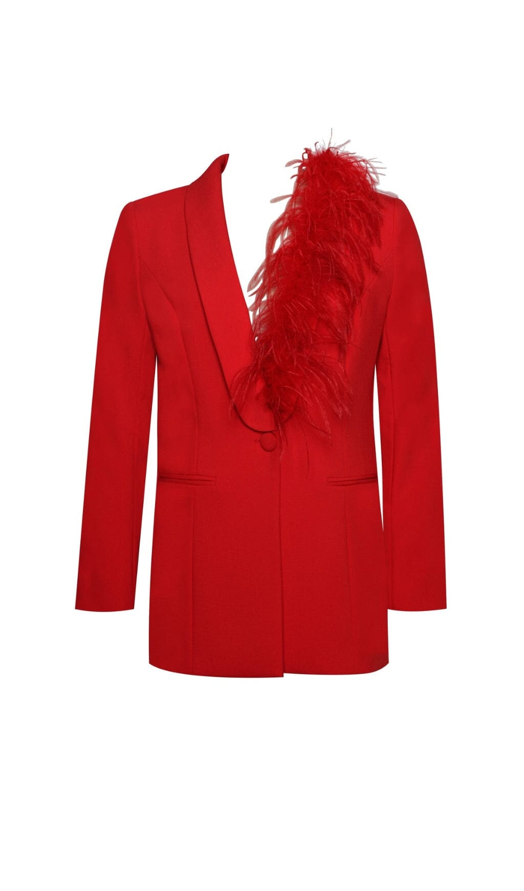 RED BLAZER SUIT WITH FEATHER TRIM