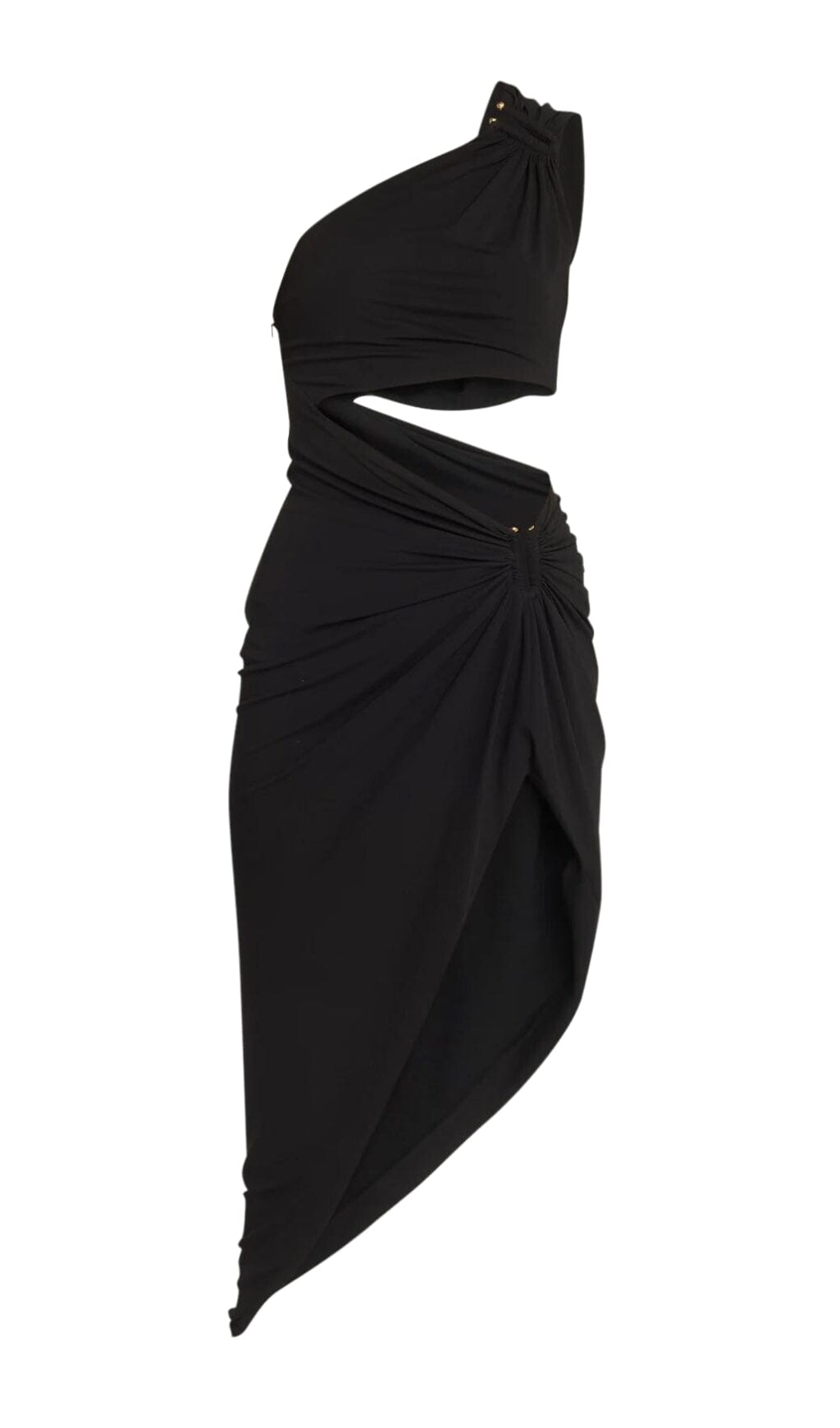 ONE SHOULDER CUTOUT MIDI DRESS IN BLACK