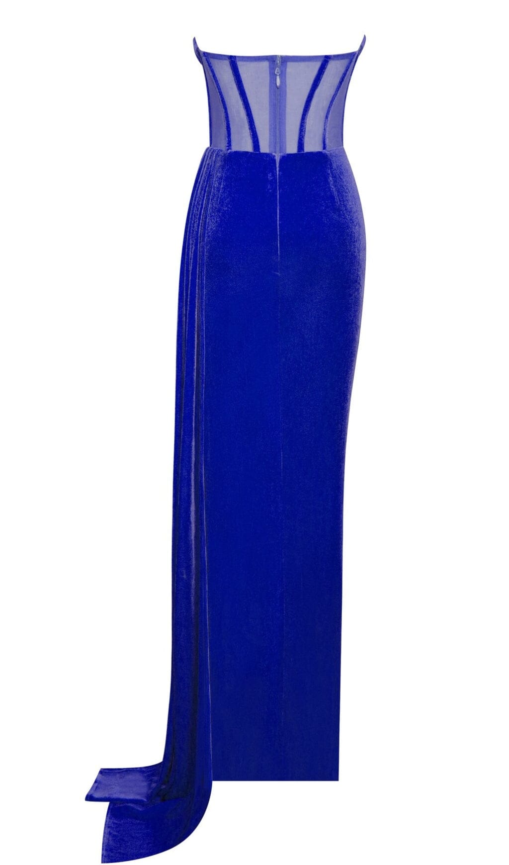 PRIYA ROYAL BLUE DRAPING CORSET HIGH SLIT VELVET GOWN