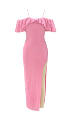 RUFFLE COLLAR OFF-THE-SHOULDER HIGH SLIT DRESS IN PINK