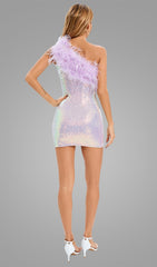 PURPLE ONE SHOULDER SEQUIN FEATHER MINI DRESS