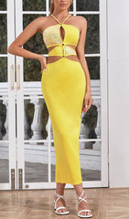 CRISSCROSS HALTERNECK CUTOUT MIDI DRESS IN YELLOW