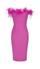 PINK OSTRICH HAIR SHOULDER BODYCON DRESS