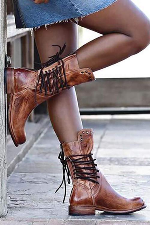 Zipper Lace Up Mid Calf Boots