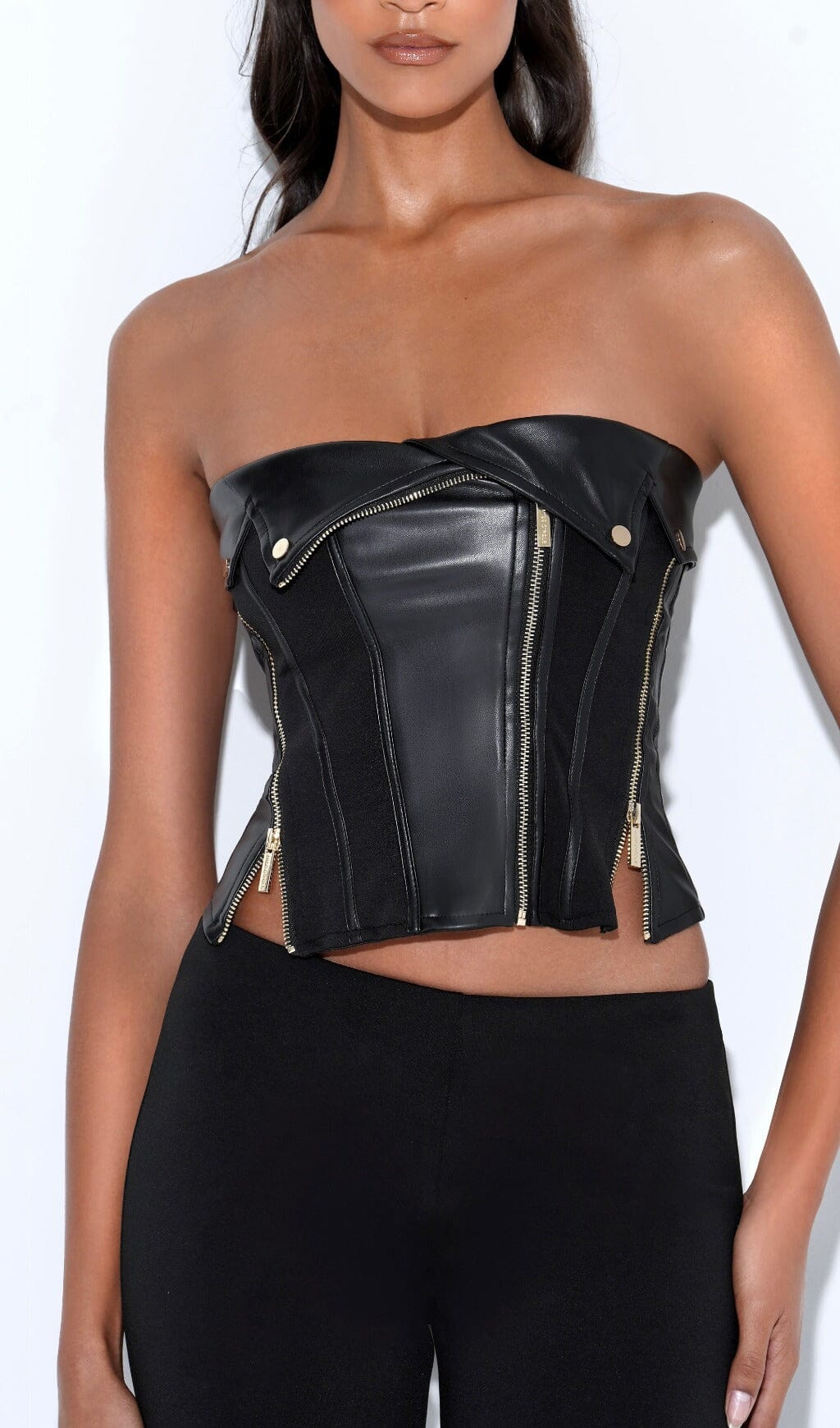 MERLINA BLACK VEGAN LEATHER BUSTIER TOP