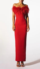 STRETCH STRAPLESS FEATHER TRIMMED GOWN IN RED