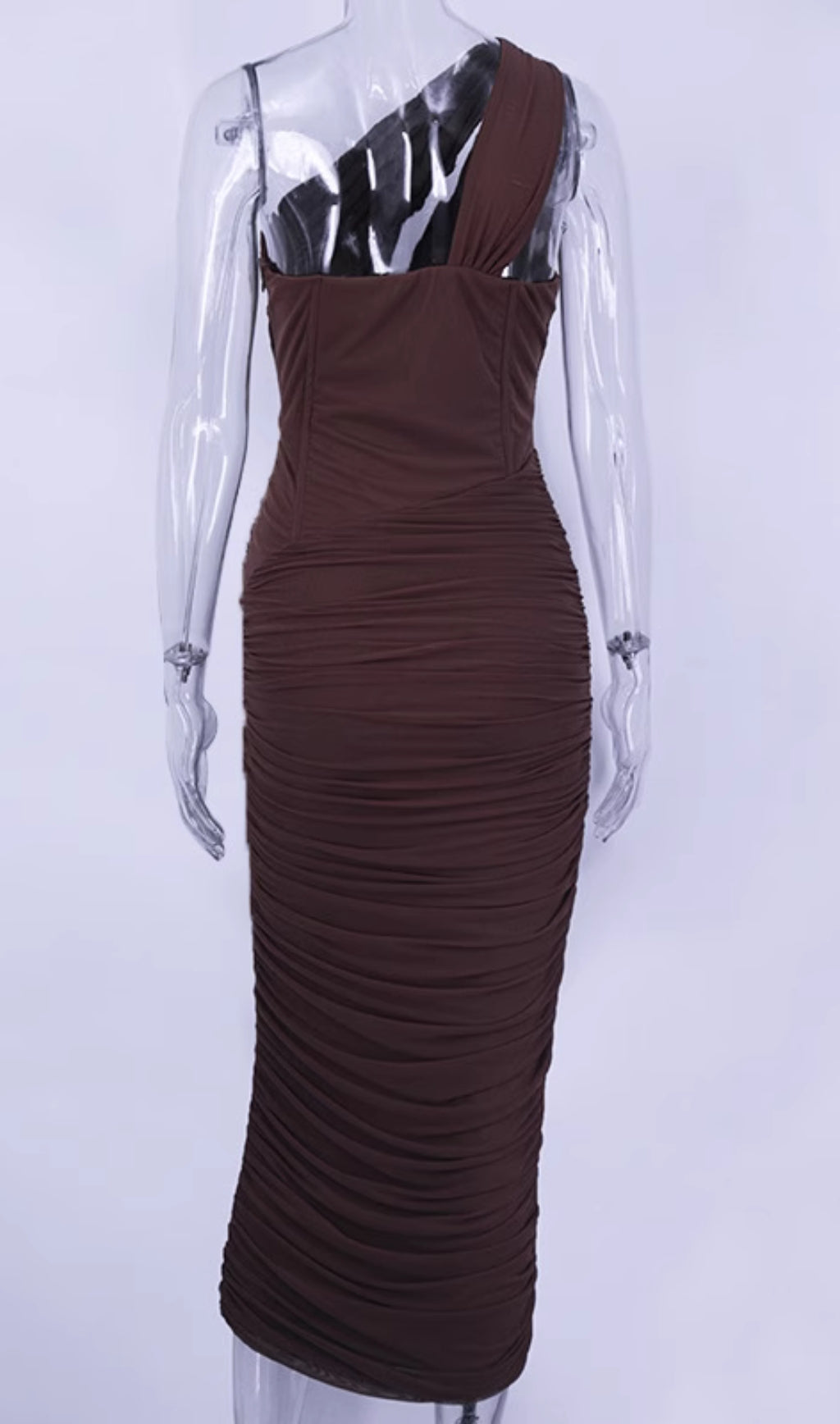 ASYMMETRIC CUTOUT MIDI DRESS IN BROWN