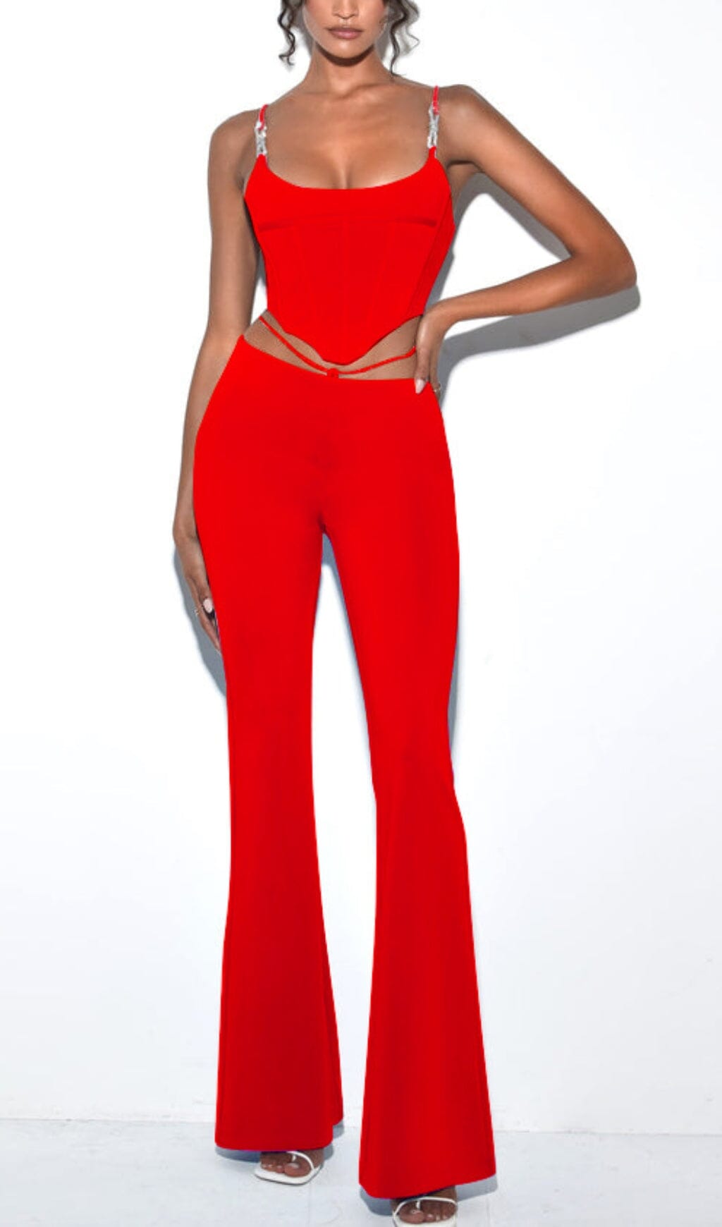 CORSET WIDE-LEGGED TWO-PIECE SUIT IN RED