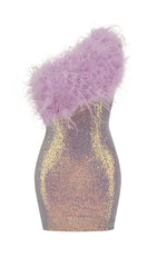 PURPLE ONE SHOULDER SEQUIN FEATHER MINI DRESS