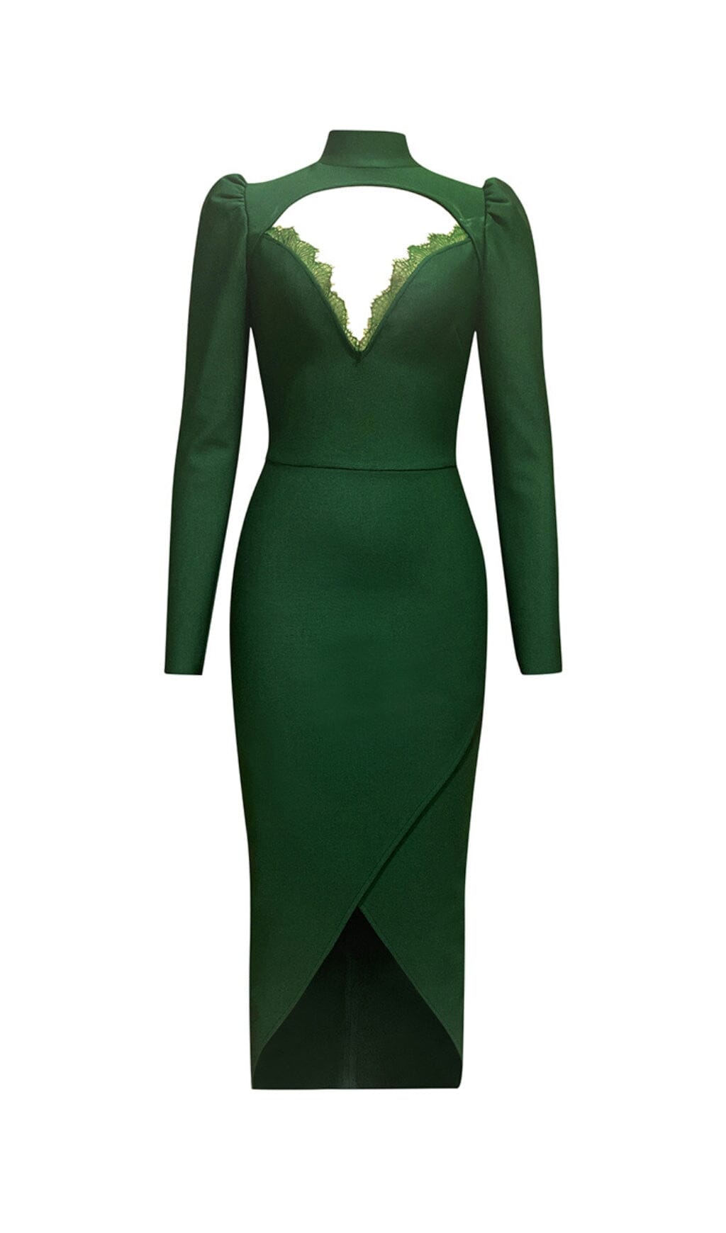 DARK GREEN CHEST HOLLOW LACE STITCHED SLIM MIDI DRESS