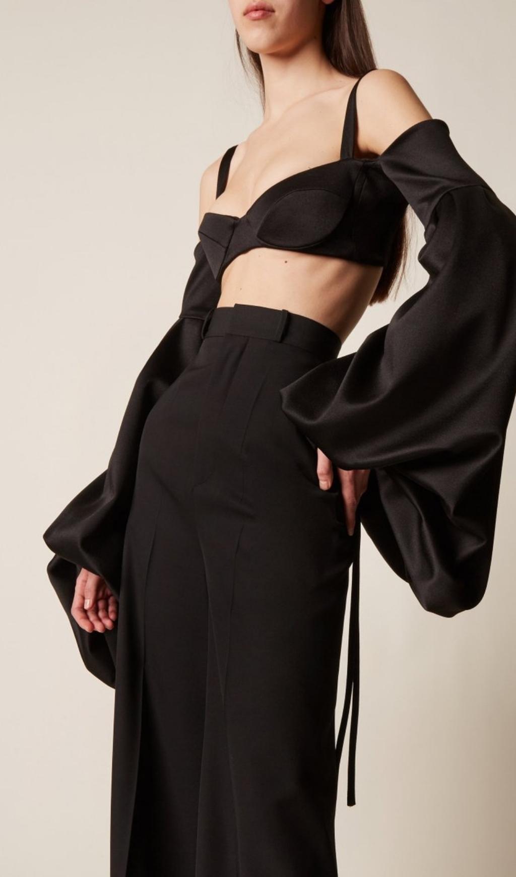 BUBBLE SLEEVE TWO PIECE SUIT IN BLACK