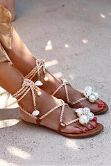 Pearl Lace Up Flat Sandals