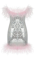 STRAP SILVER SEQUIN FEATHER MINI DRESS