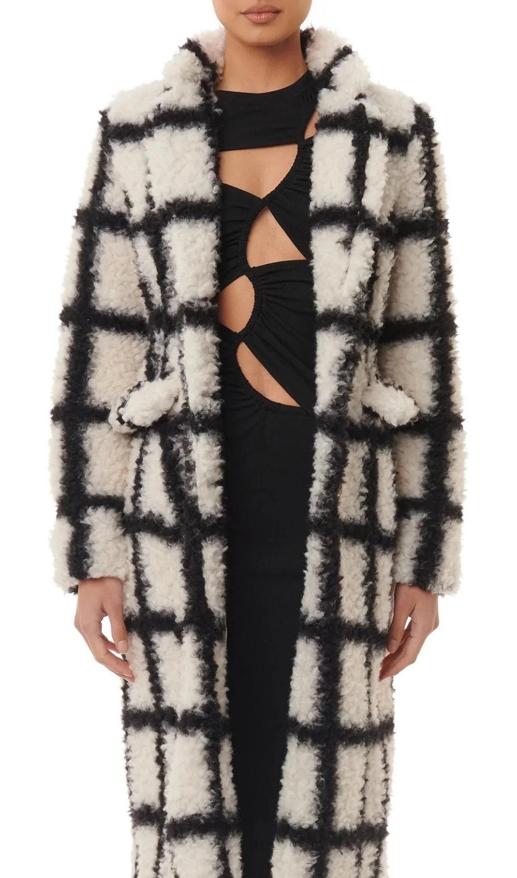 Nina Faux Fur Check Coat Cream And Black