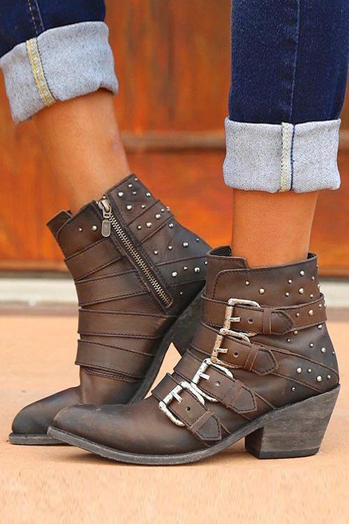 Buckle Zipper Chunky Heel Ankle Boots