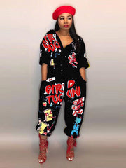 Letter Printed Turndown Collar Jumpsuit