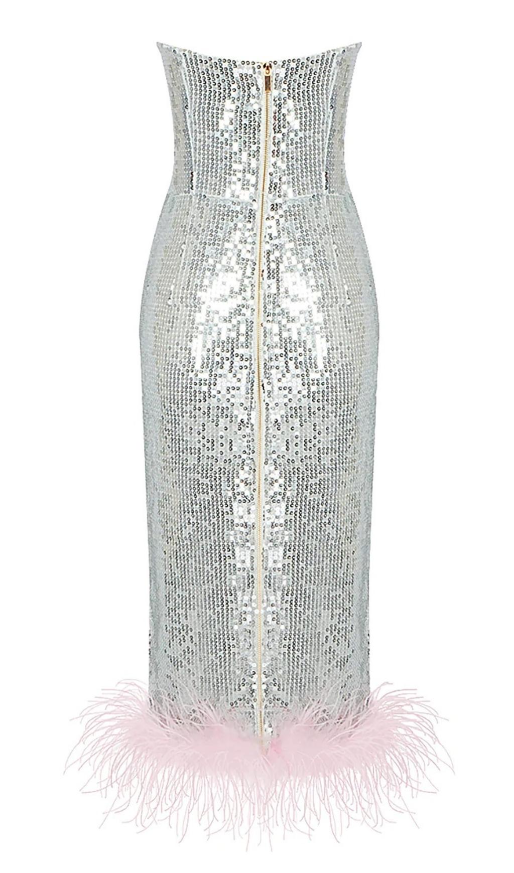 STRAPLESS SEQUIN FEATHER MIDI DRESS IN SILVER