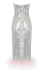 STRAPLESS SEQUIN FEATHER MIDI DRESS IN SILVER