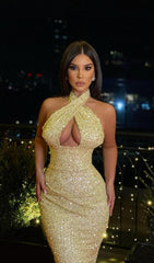 HALTER SEQUIN MIDI DRESS IN GOLD