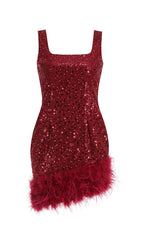 RED FEATHER SEQUIN DRESS