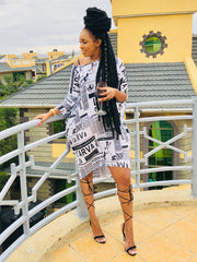 Off Shoulder Newspaper Vintage Midi Dress