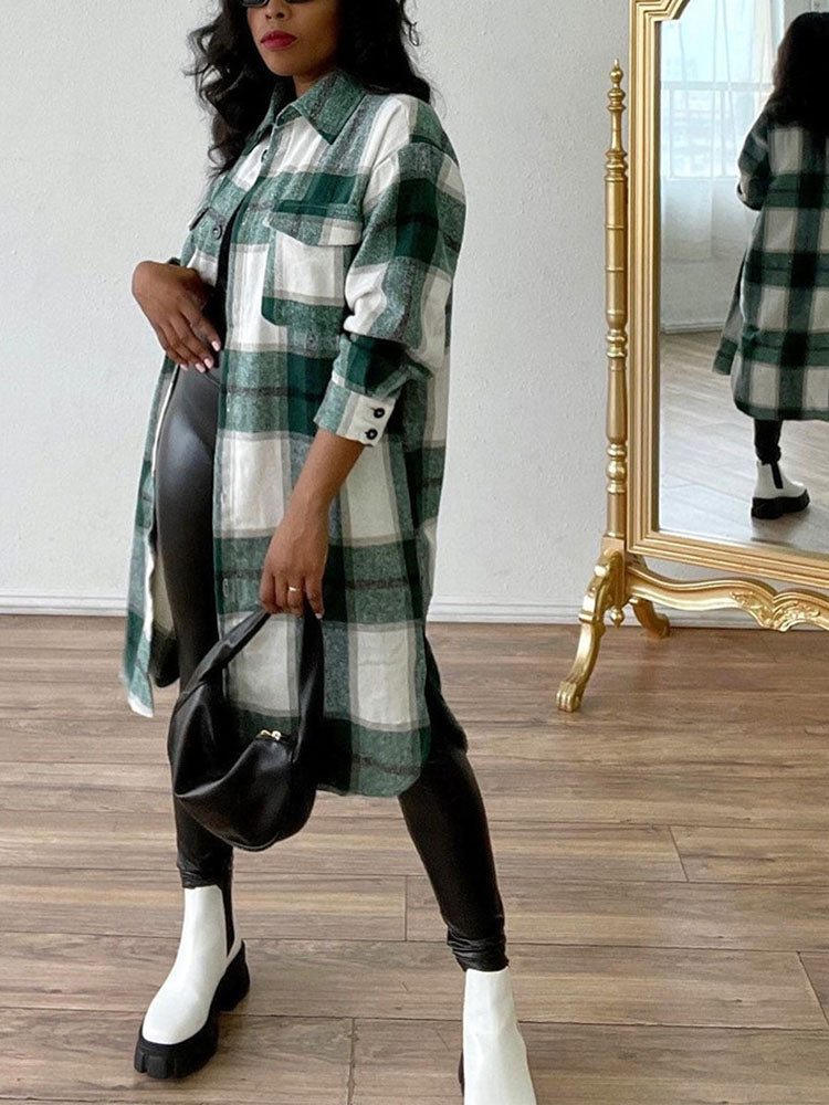 Casual Plaid Turndown Collar Shirt Coat