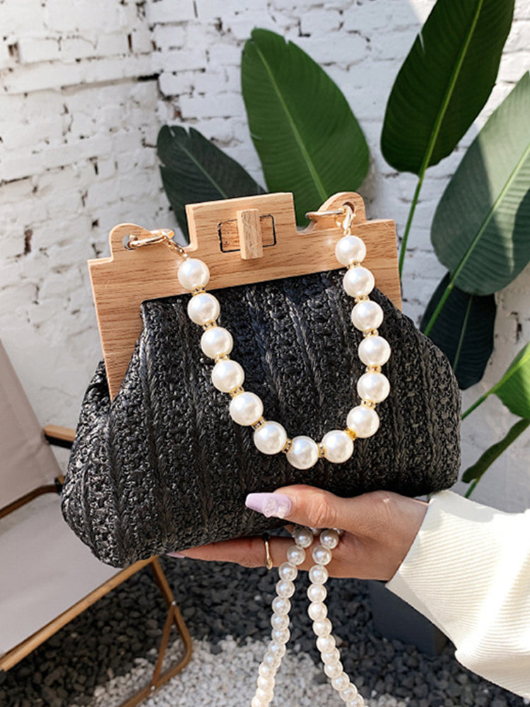 Pearl Decor Twist Lock Straw Bag