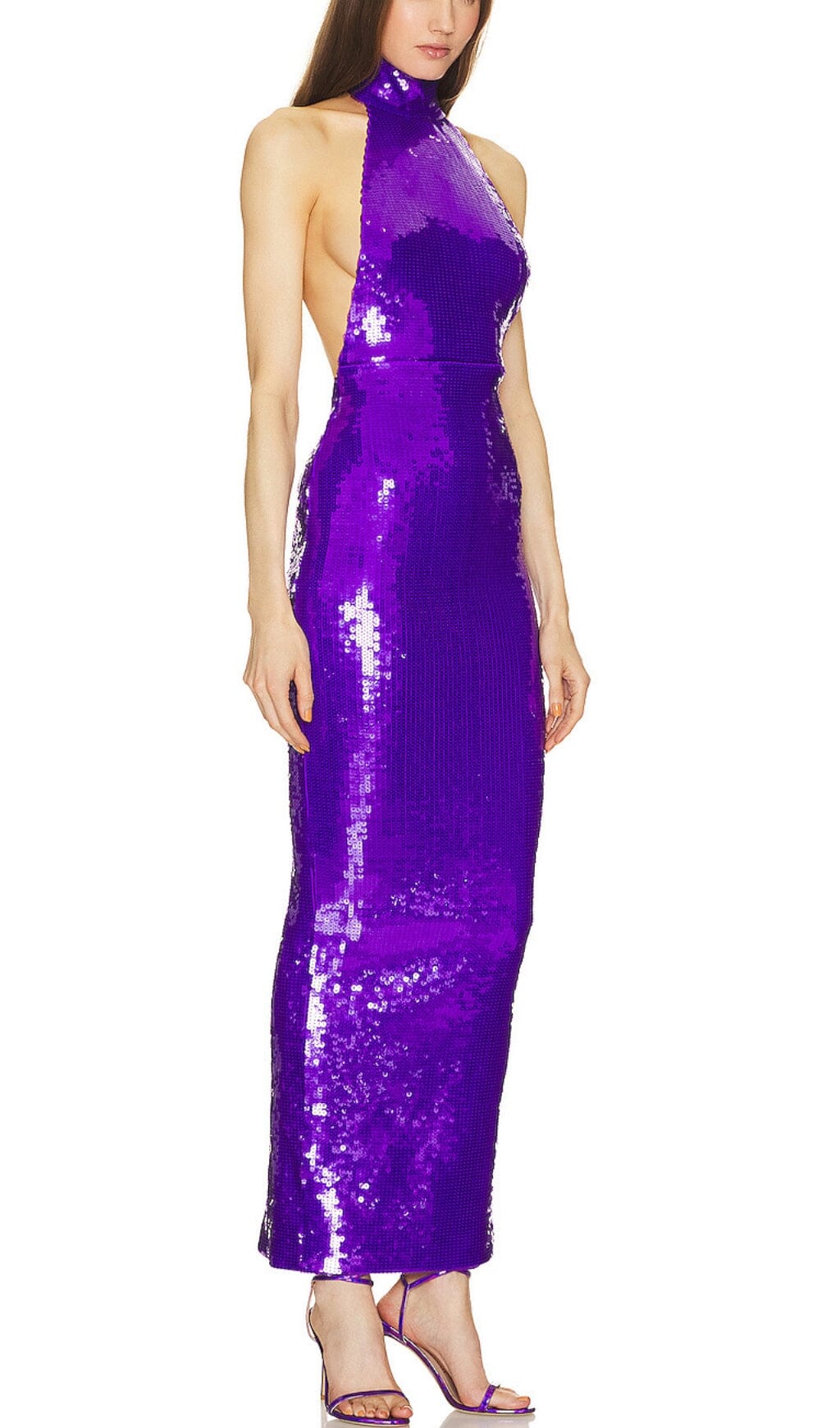 HALTER NECK SEQUIN MIDI DRESS IN PURPLE