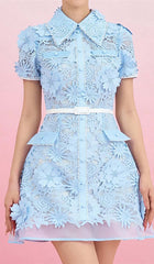 A-LINE FLORAL EMBROIDERY MINI DRESS IN BLUE